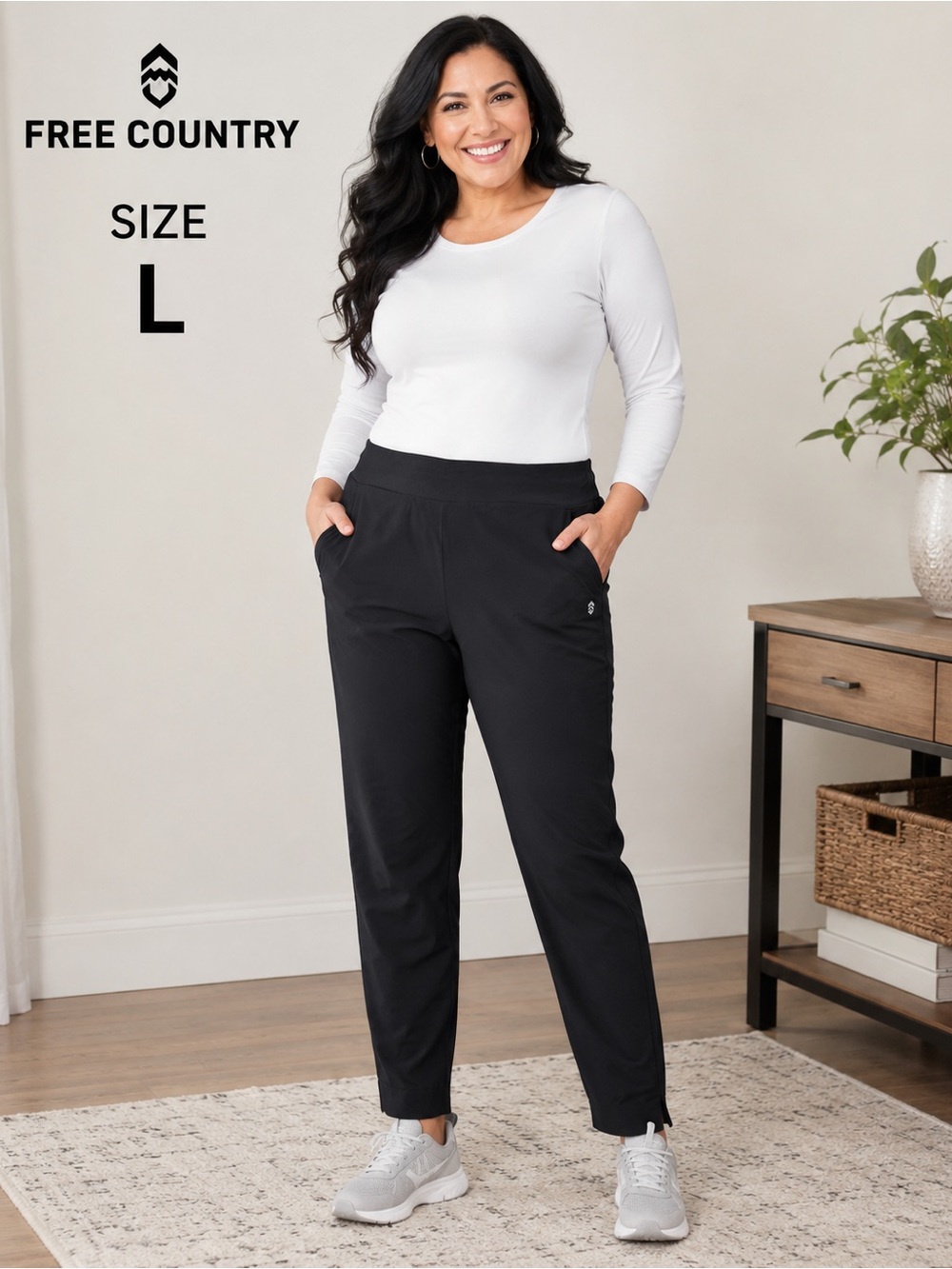 Free Country Black Pull-On Stretch Ankle Pants casual comfort minimalist/size L